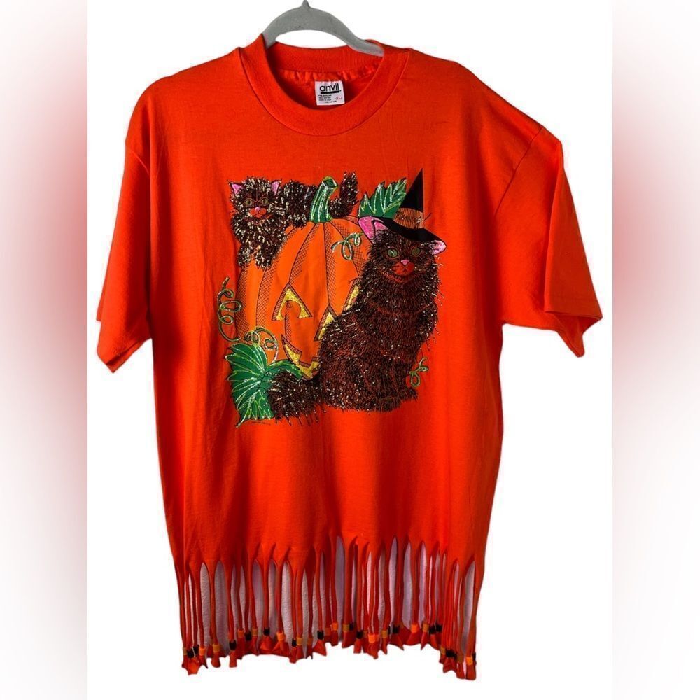 Stunning Halloween S/S Top w/Fringe Trim Embellished w/Glittery Cats Size XL